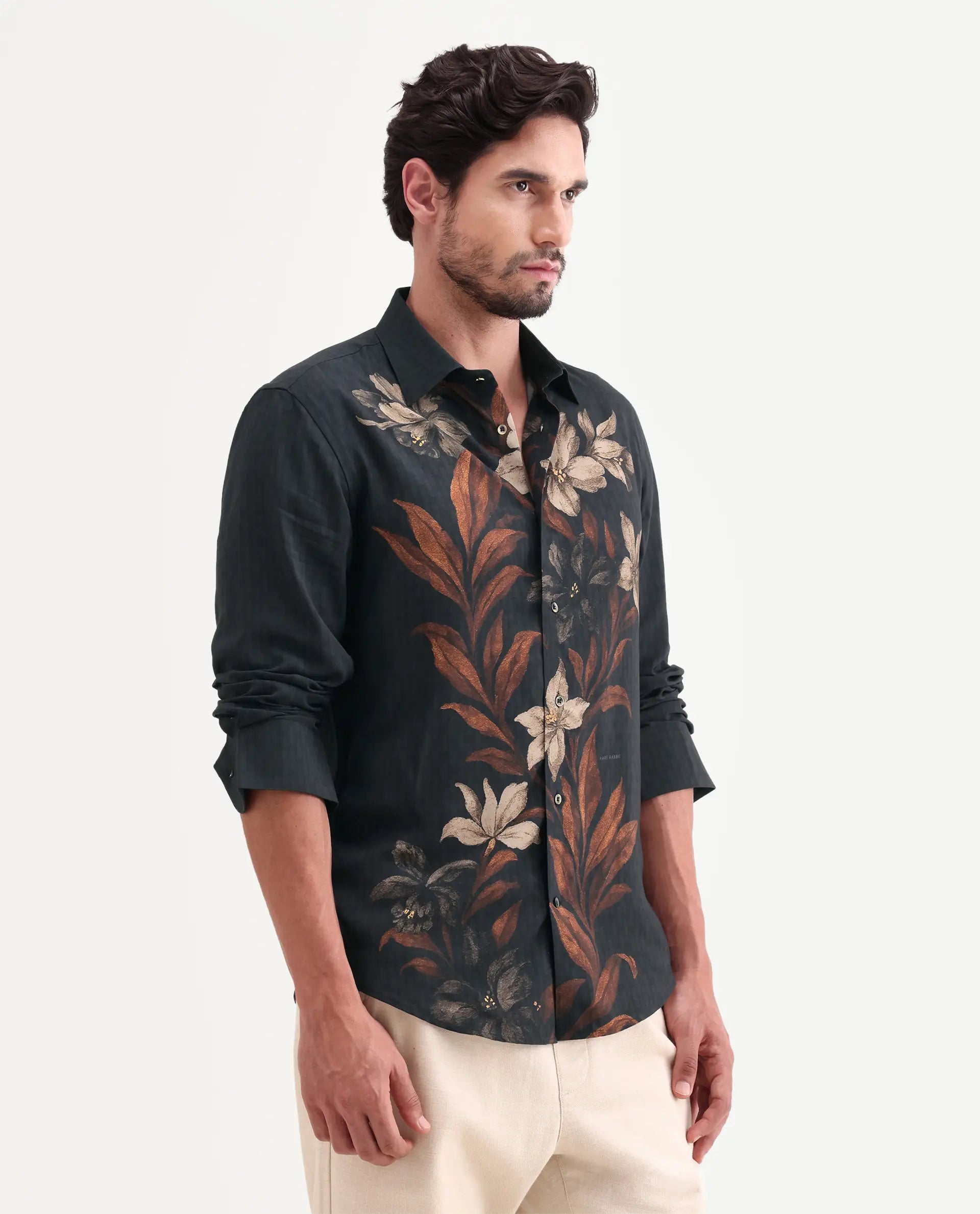 Rare Rabbit Men's Phex Black Viscose Fabric Full Sleeve Spread Collar Regular Fit Floral Print Shirt