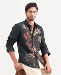 Rare Rabbit Men's Phex Black Viscose Fabric Full Sleeve Spread Collar Regular Fit Floral Print Shirt