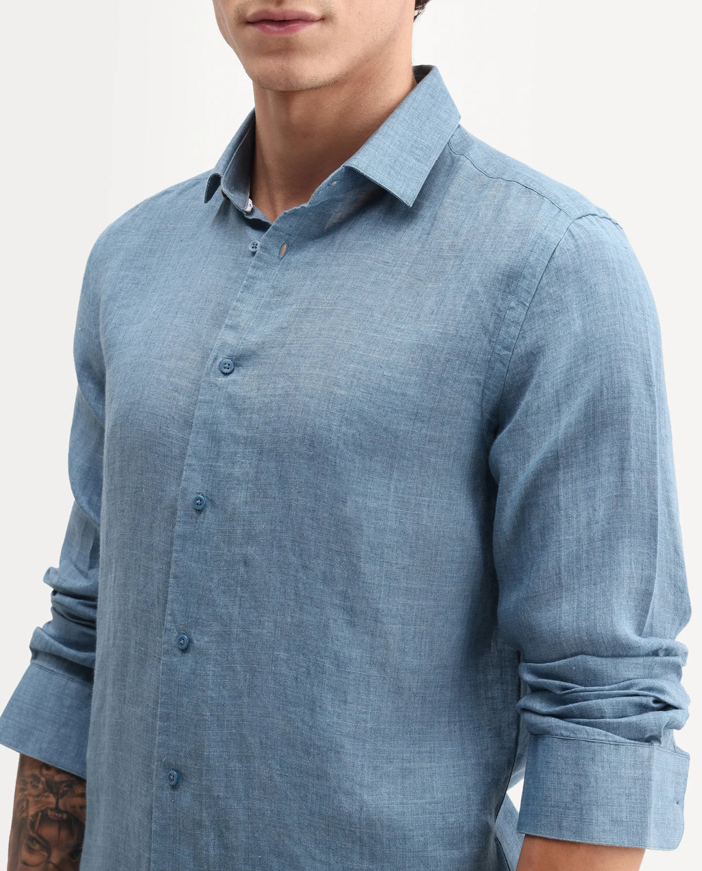 Rare Rabbit Men's Borium-26 Blue 100% Linen Full Sleeve Spread Collar Regular Fit Plain Shirt