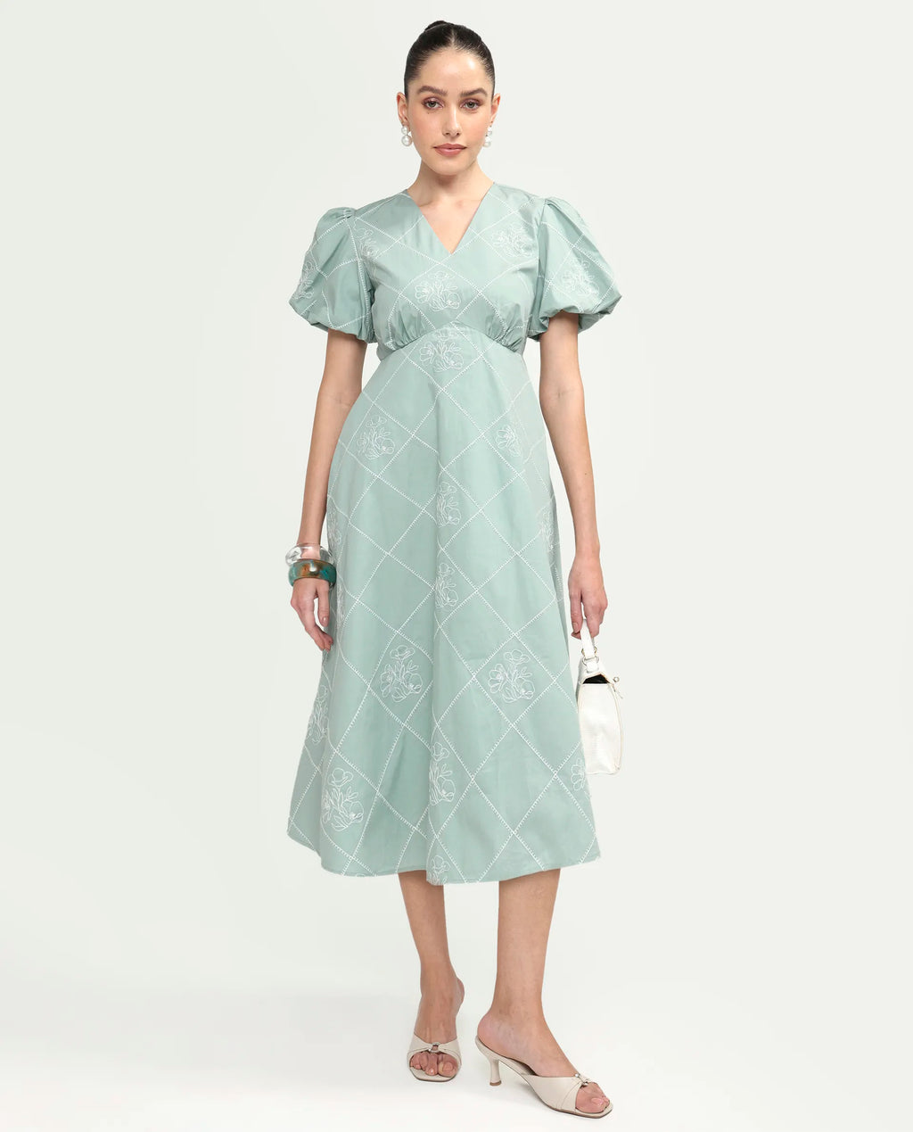 Rareism Women's Haxa Dusky Green Cotton Half Sleeve V-Neck Fit And Flare Plain Dress