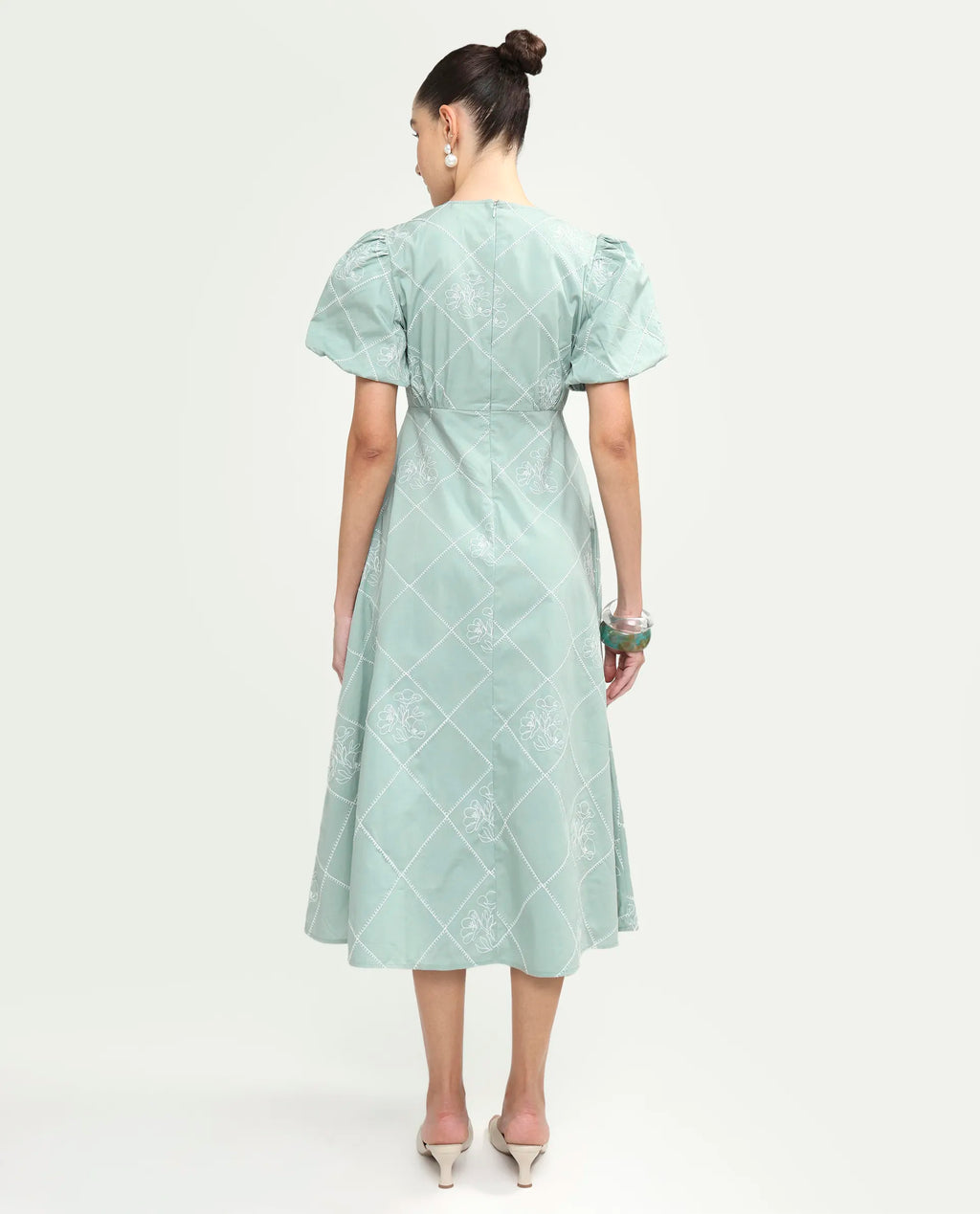 Rareism Women's Haxa Dusky Green Cotton Half Sleeve V-Neck Fit And Flare Plain Dress