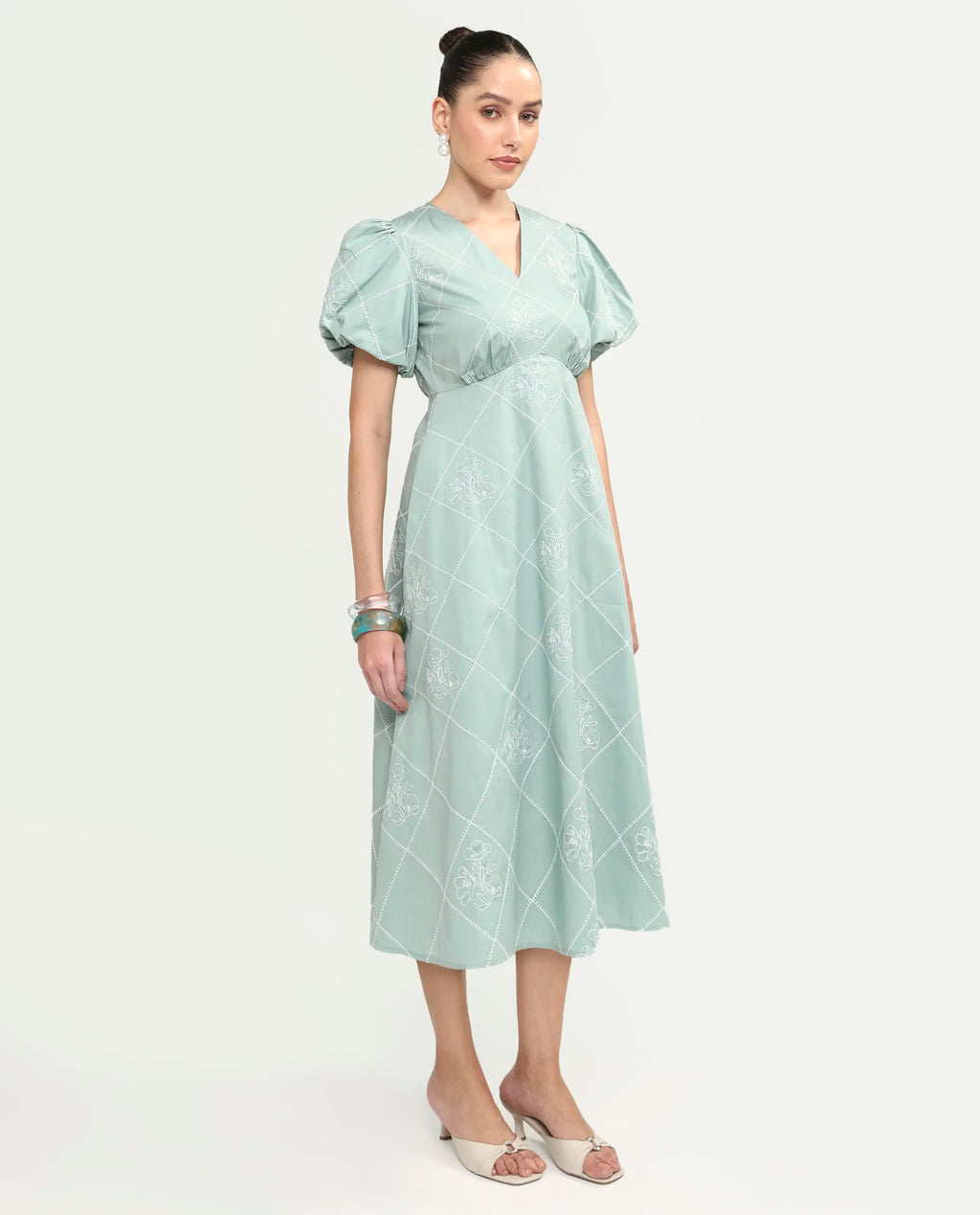 Rareism Women's Haxa Dusky Green Cotton Half Sleeve V-Neck Fit And Flare Plain Dress