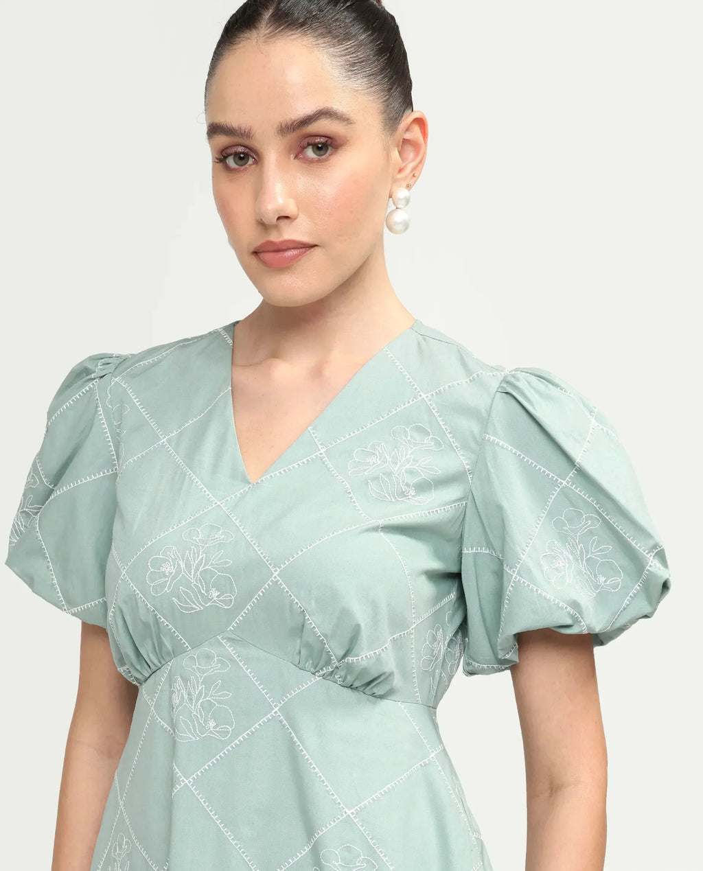 Rareism Women's Haxa Dusky Green Cotton Half Sleeve V-Neck Fit And Flare Plain Dress