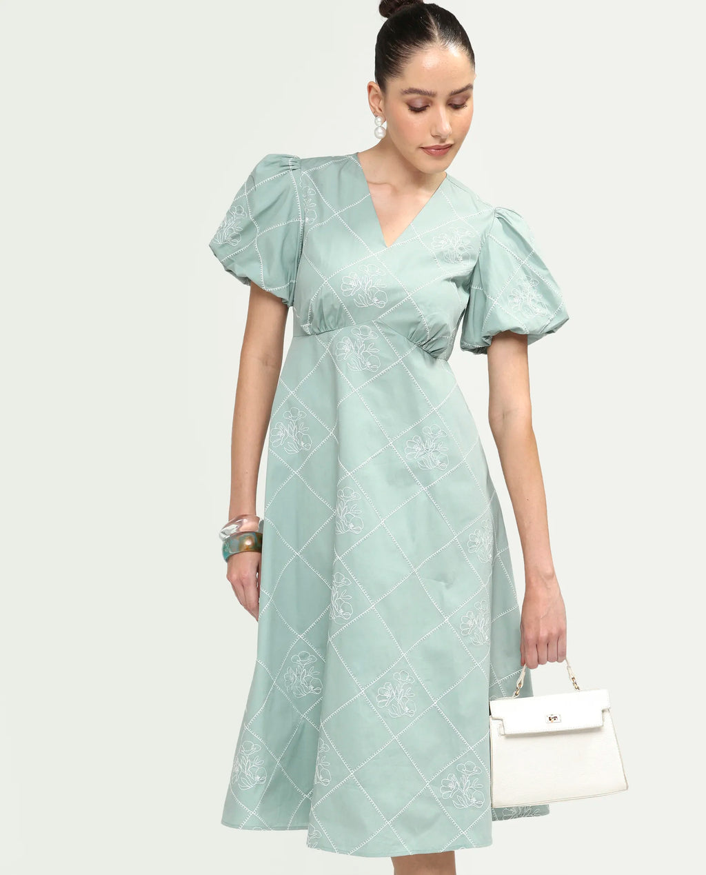 Rareism Women's Haxa Dusky Green Cotton Half Sleeve V-Neck Fit And Flare Plain Dress
