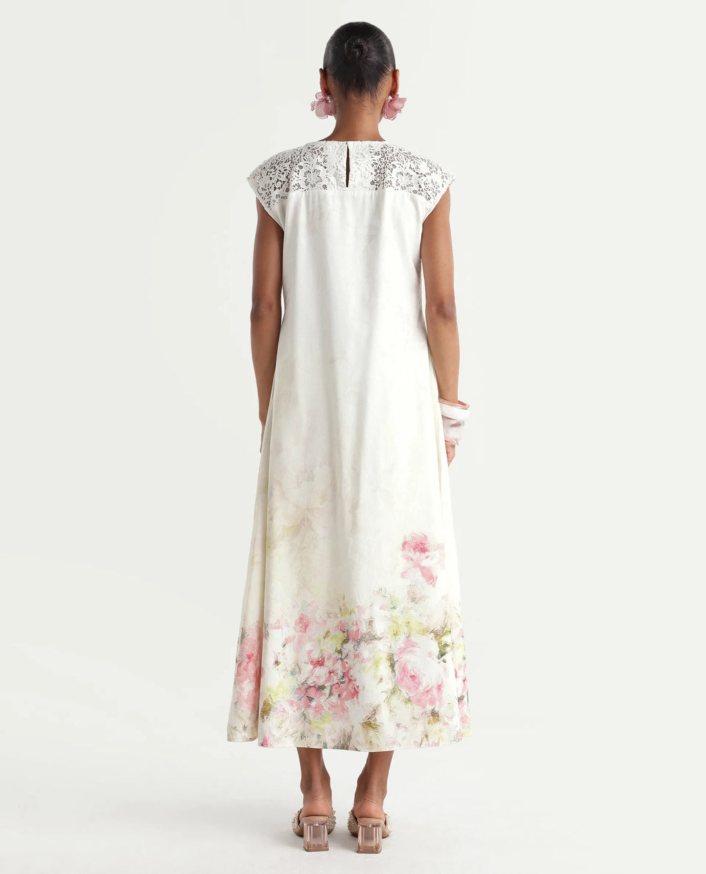Rareism Women's Hego Off White Viscose Blend Fabric Crew Neck A-Line Floral Print Dress