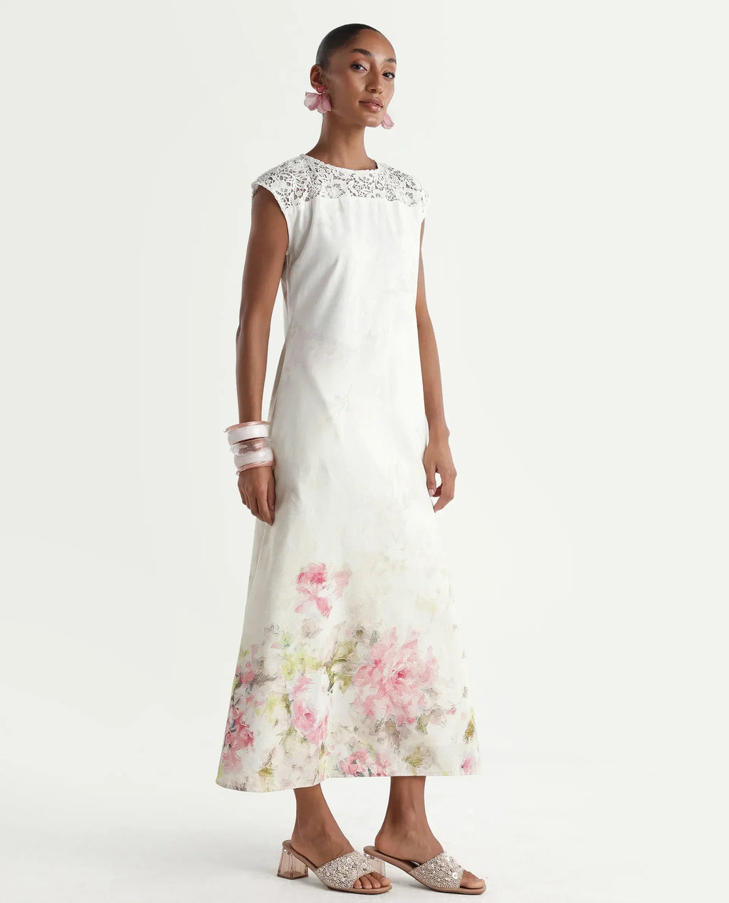 Rareism Women's Hego Off White Viscose Blend Fabric Crew Neck A-Line Floral Print Dress