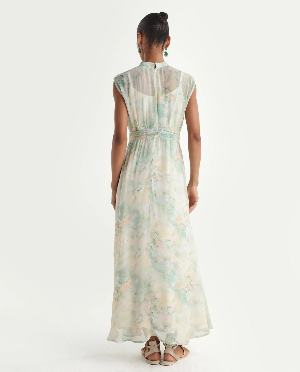 Rareism Women's Hian Light Green Viscose Blend High Neck Fit And Flare All Over Print Dress