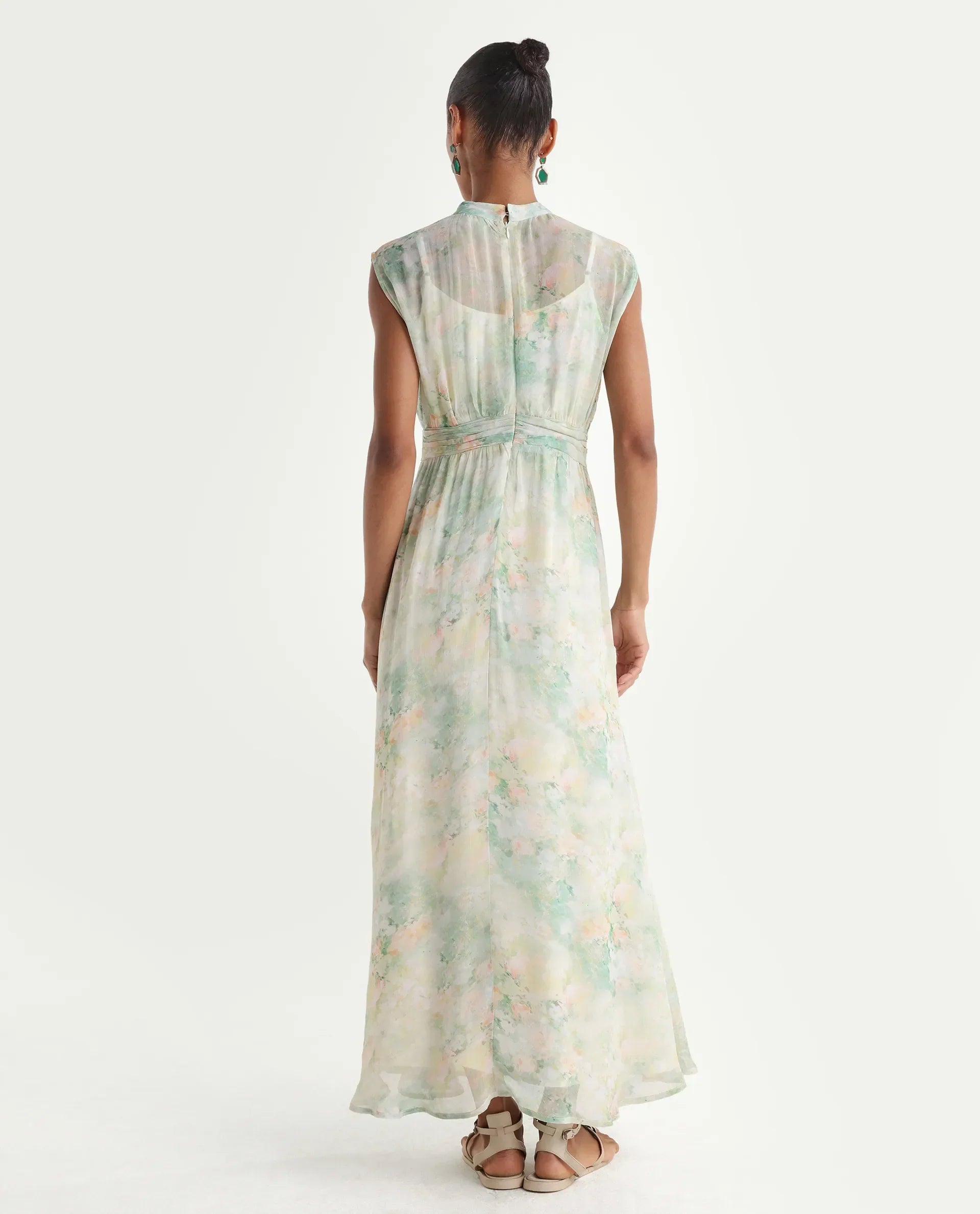 Rareism Women's Hian Light Green Viscose Blend High Neck Fit And Flare All Over Print Dress