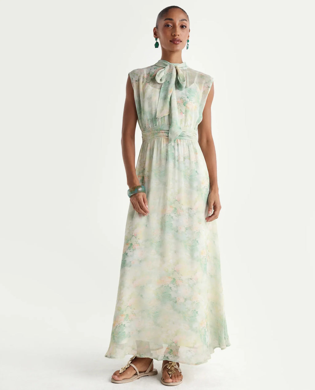Rareism Women's Hian Light Green Viscose Blend High Neck Fit And Flare All Over Print Dress