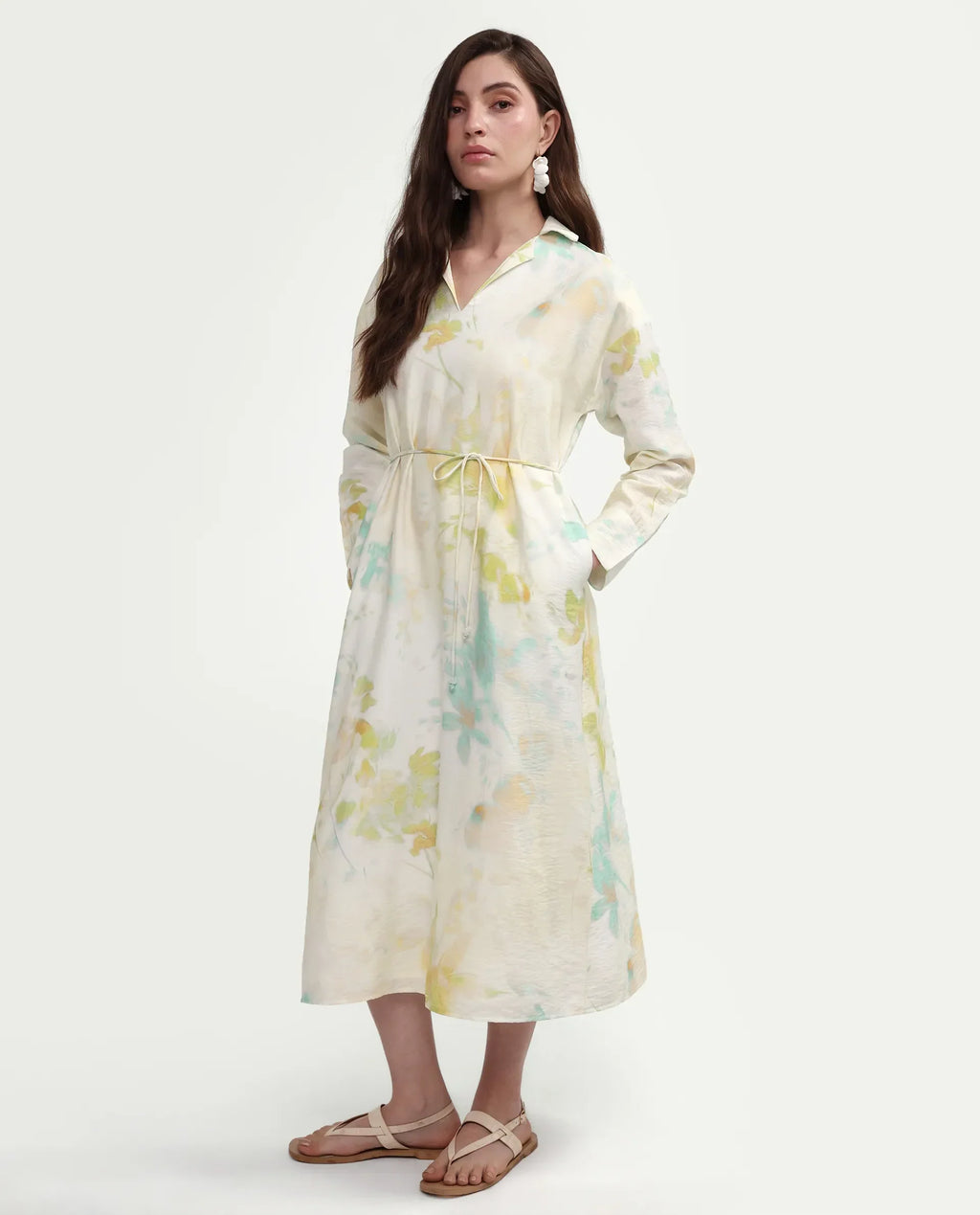 Rareism Women's Hrix Light Green Viscose Blend Lapel Neck A-Line All Over Print Dress