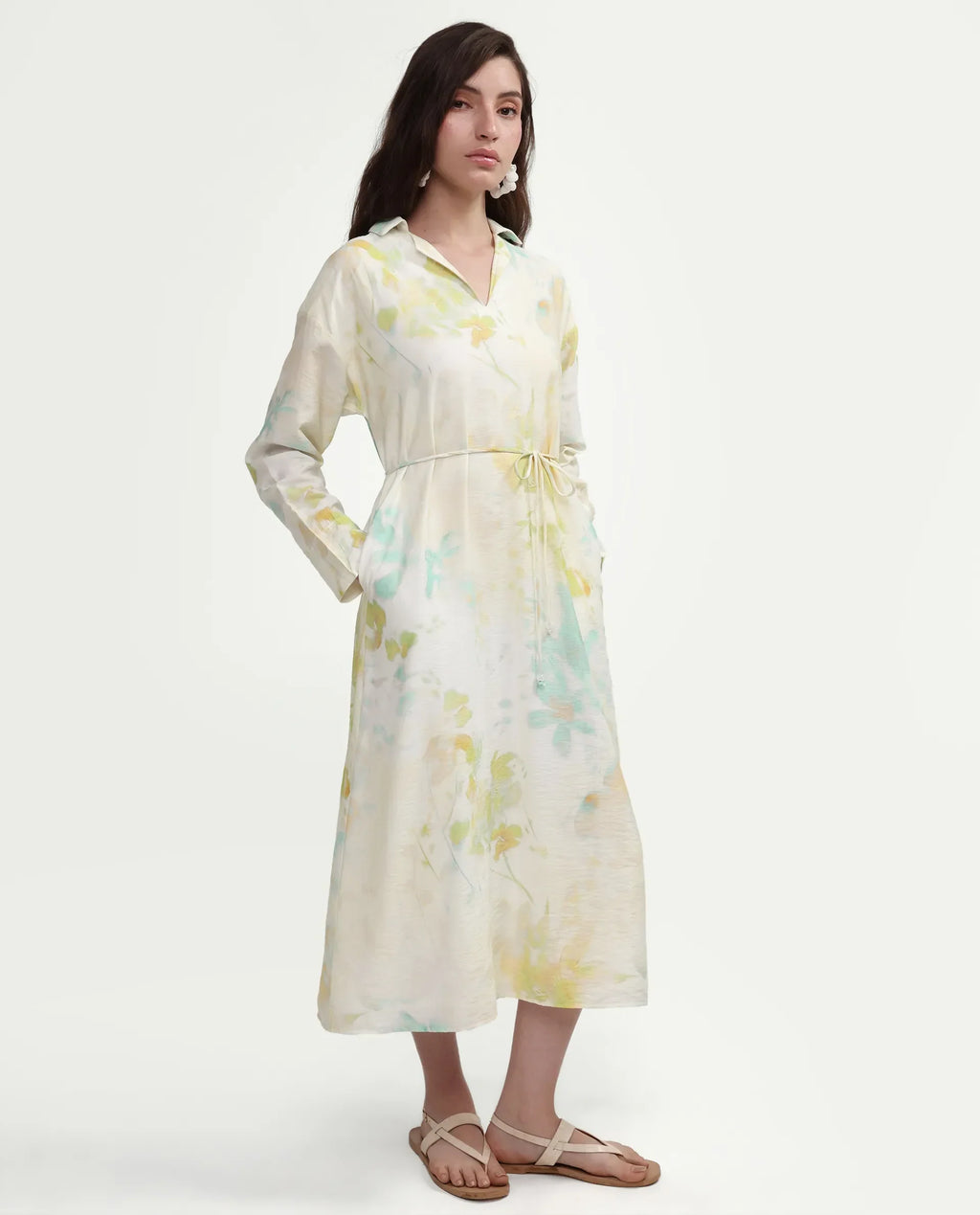 Rareism Women's Hrix Light Green Viscose Blend Lapel Neck A-Line All Over Print Dress