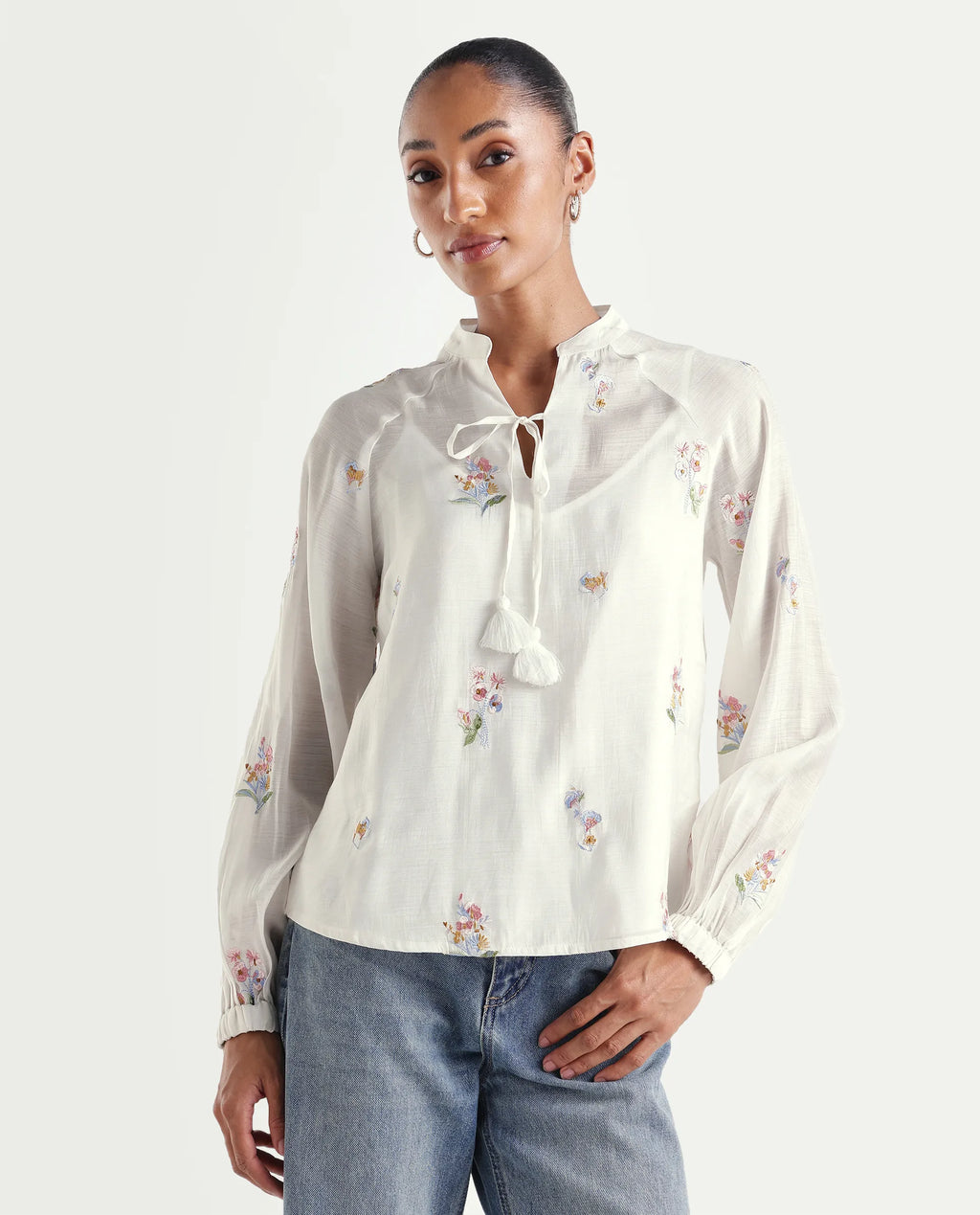 Rareism Women's Hura Off White Viscose Blend Band Collar Regular Plain Top