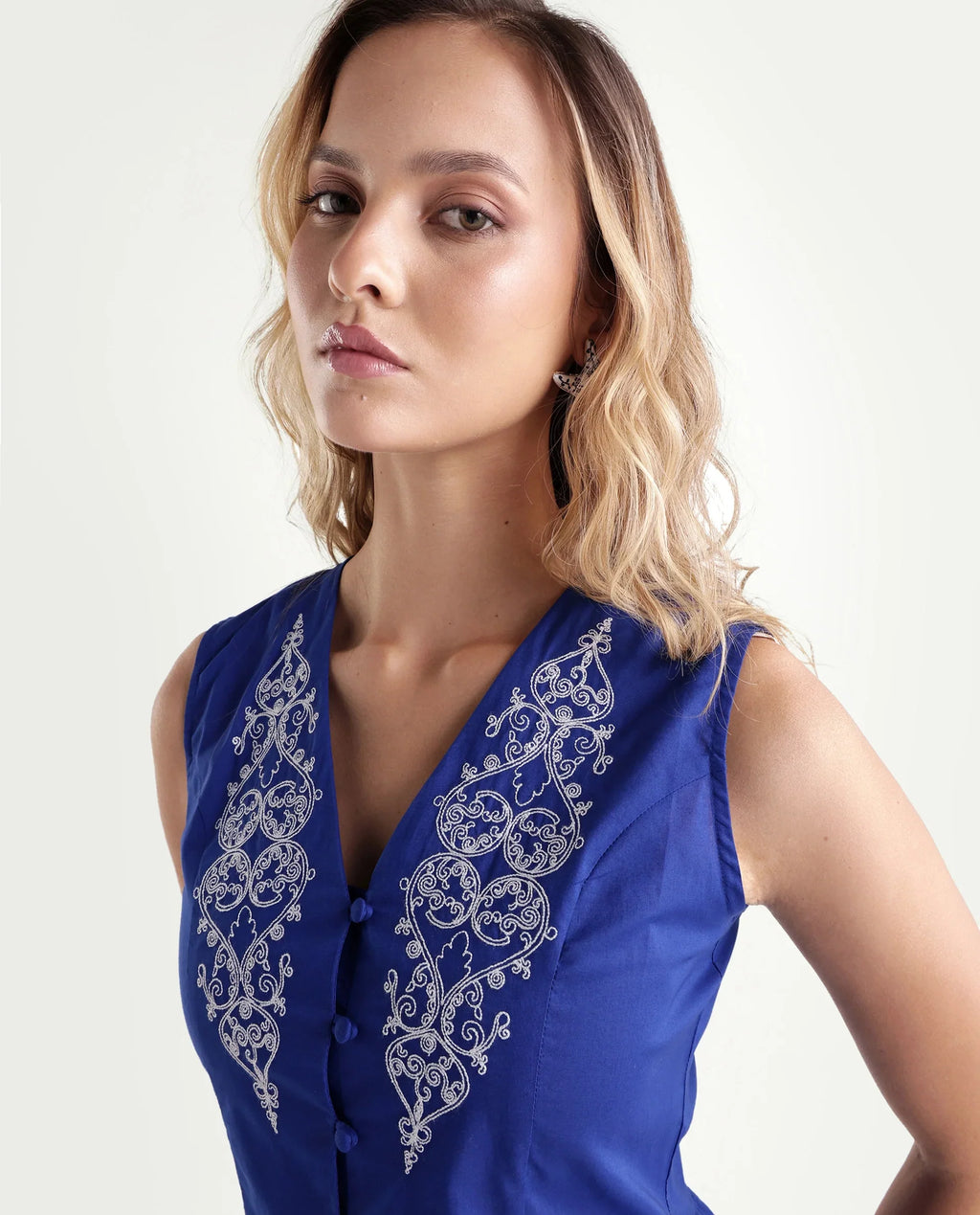 Rareism Women's Kael Blue Cotton Fabric V-Neck Regular Fit Embroidered Top