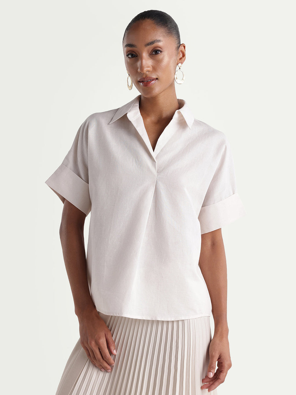 Rareism Women's Kasa Beige Cotton Blend Johnny Collar Regular Plain Top