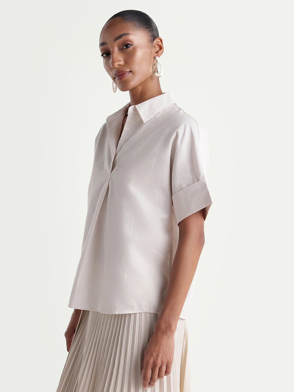 Rareism Women's Kasa Beige Cotton Blend Johnny Collar Regular Plain Top