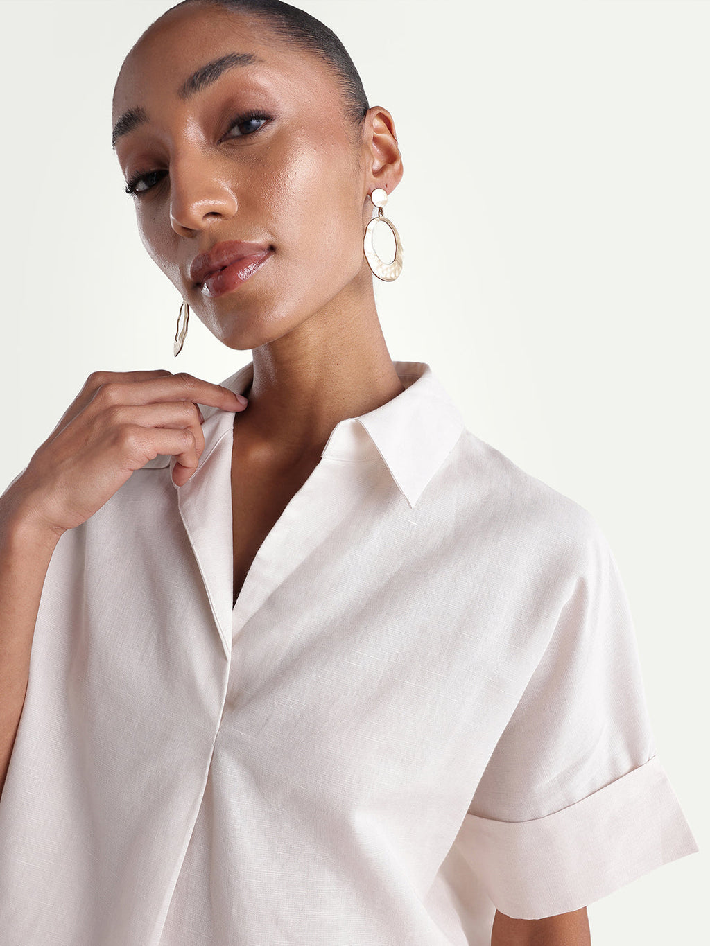 Rareism Women's Kasa Beige Cotton Blend Johnny Collar Regular Plain Top
