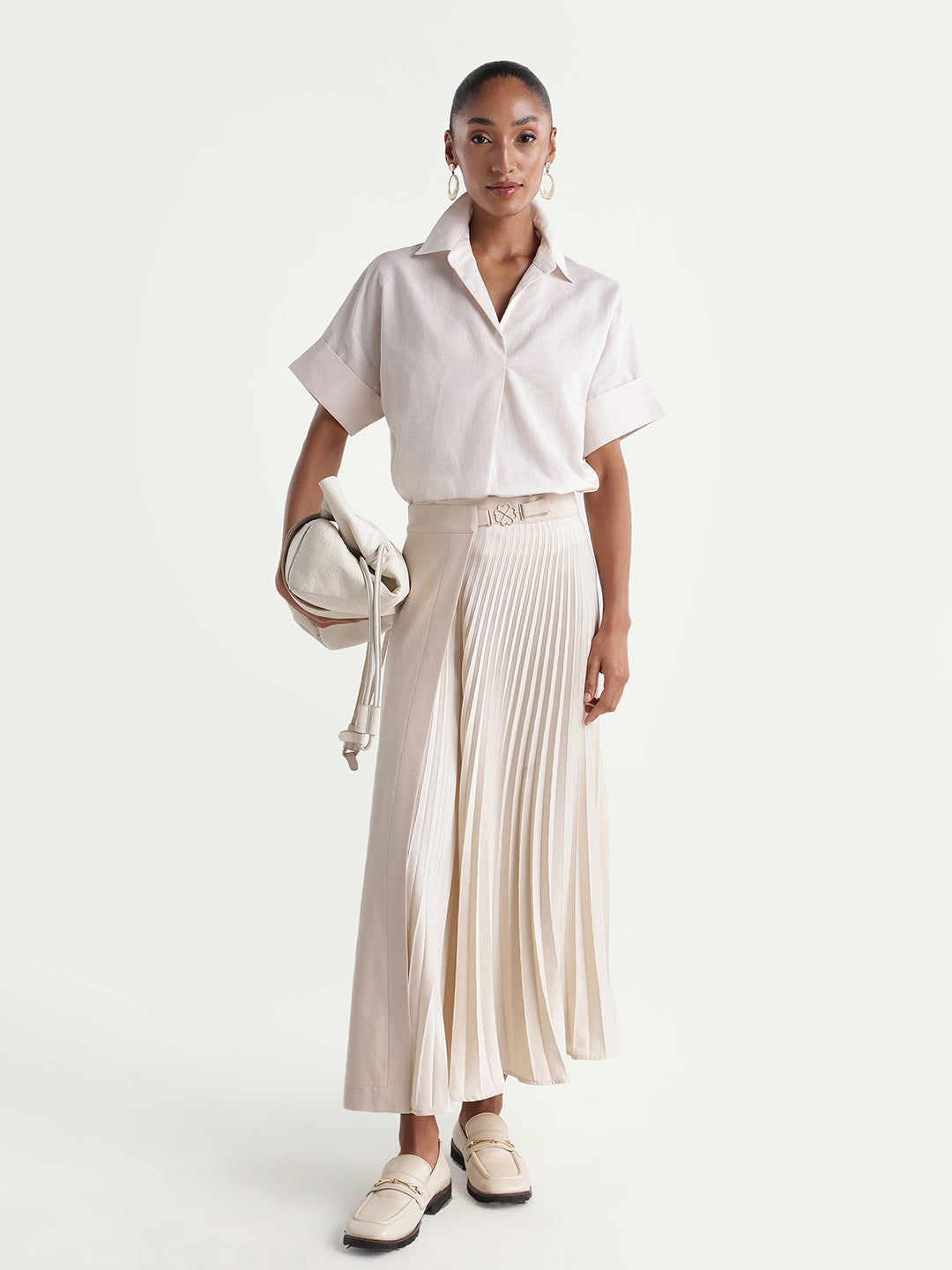 Rareism Women's Kasa Beige Cotton Blend Johnny Collar Regular Plain Top