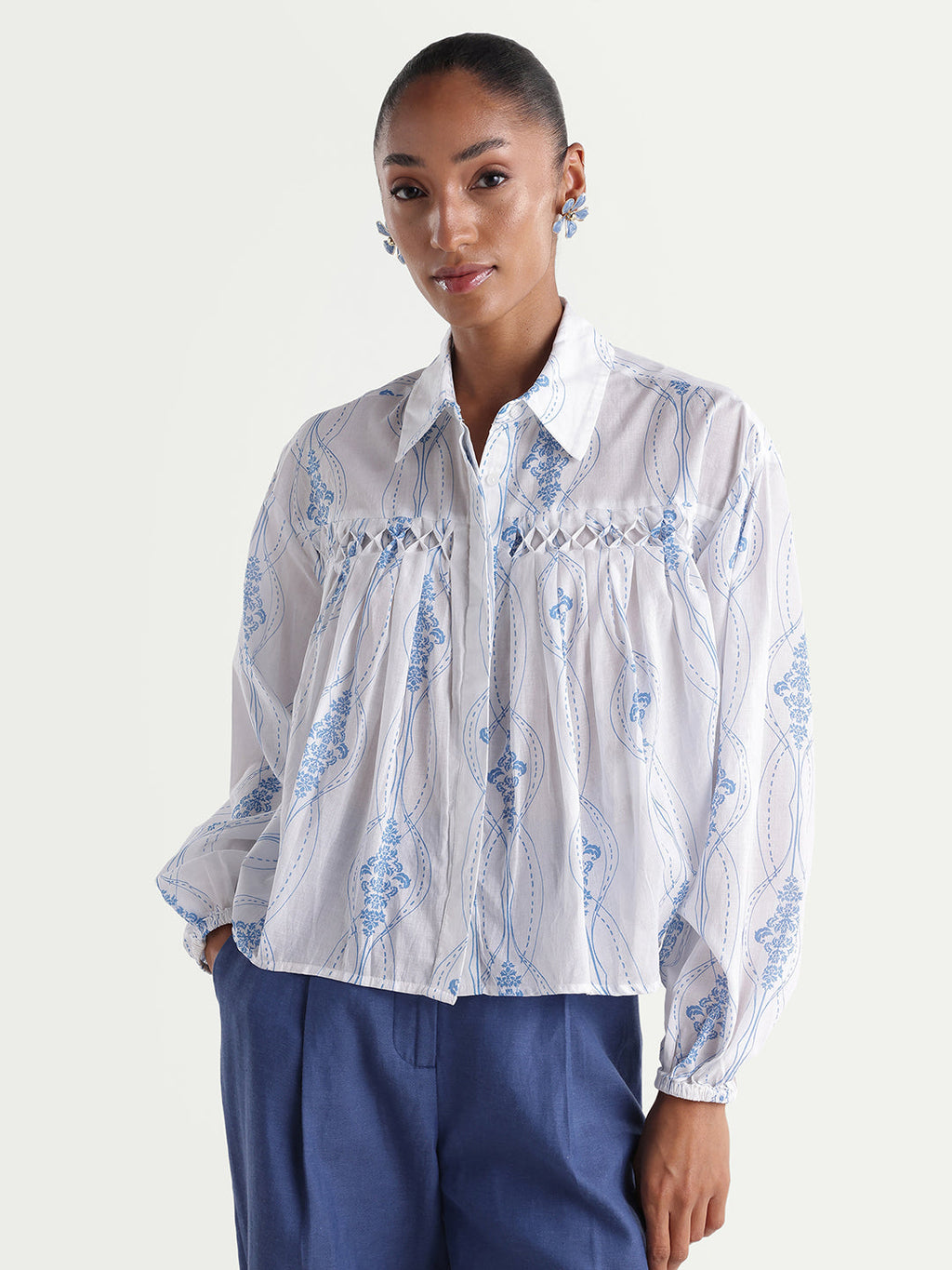 Rareism Women's Kaveny Off White Viscose Spread Collar Regular Ornamental Print Top