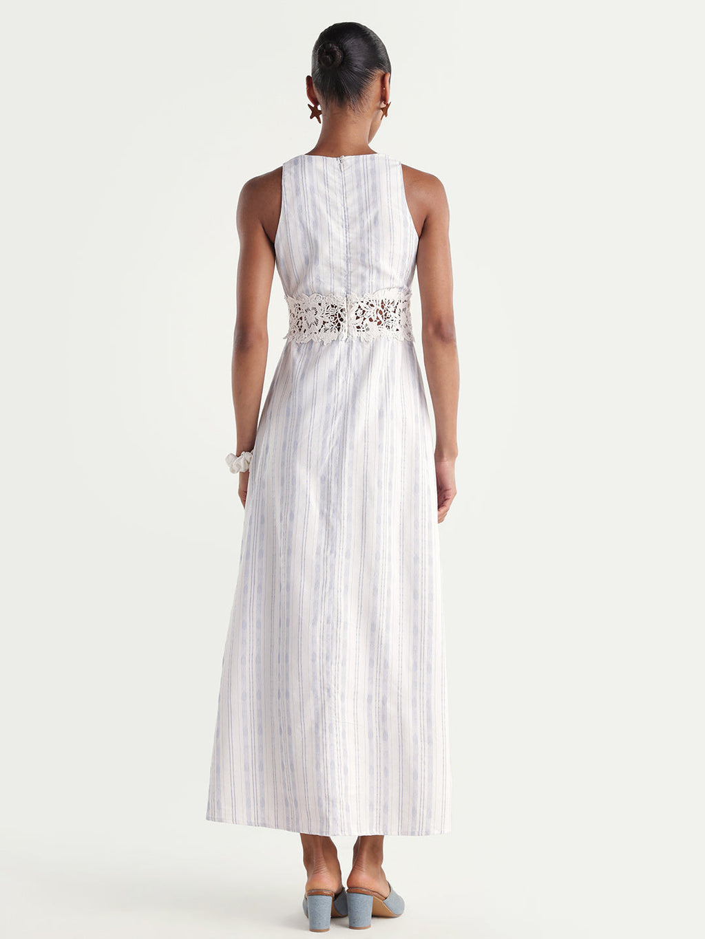 Rareism Women's Kavi Light Blue Cotton Crew Neck Fit And Flare Striped Dress