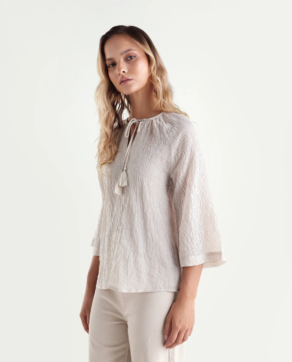 Rareism Women's Kelo Beige Striped Nylon Blend Regular Three Quarter Sleeve Top