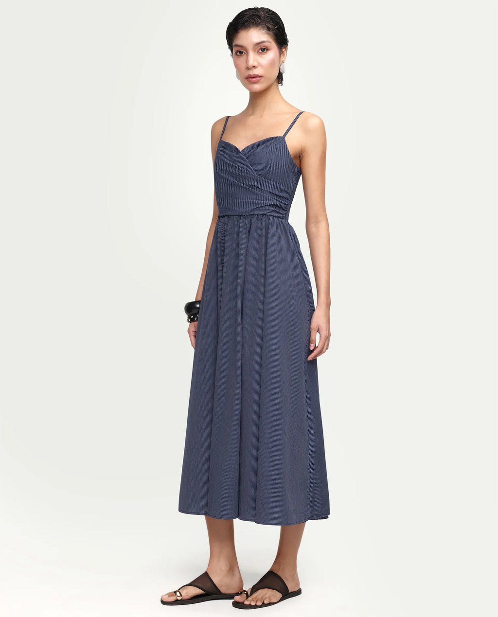 Rareism Women's Kivann Dark Blue Cotton Sweetheart Neck Fit And Flare Striped Dress