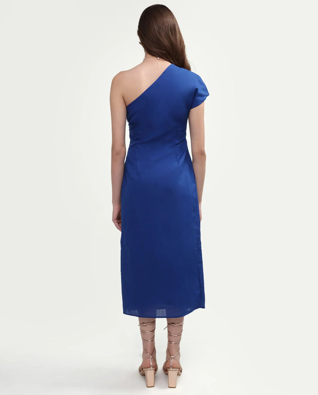 Rareism Women's Korea Dark Blue Linen One Shoulder Fitted Plain Dress
