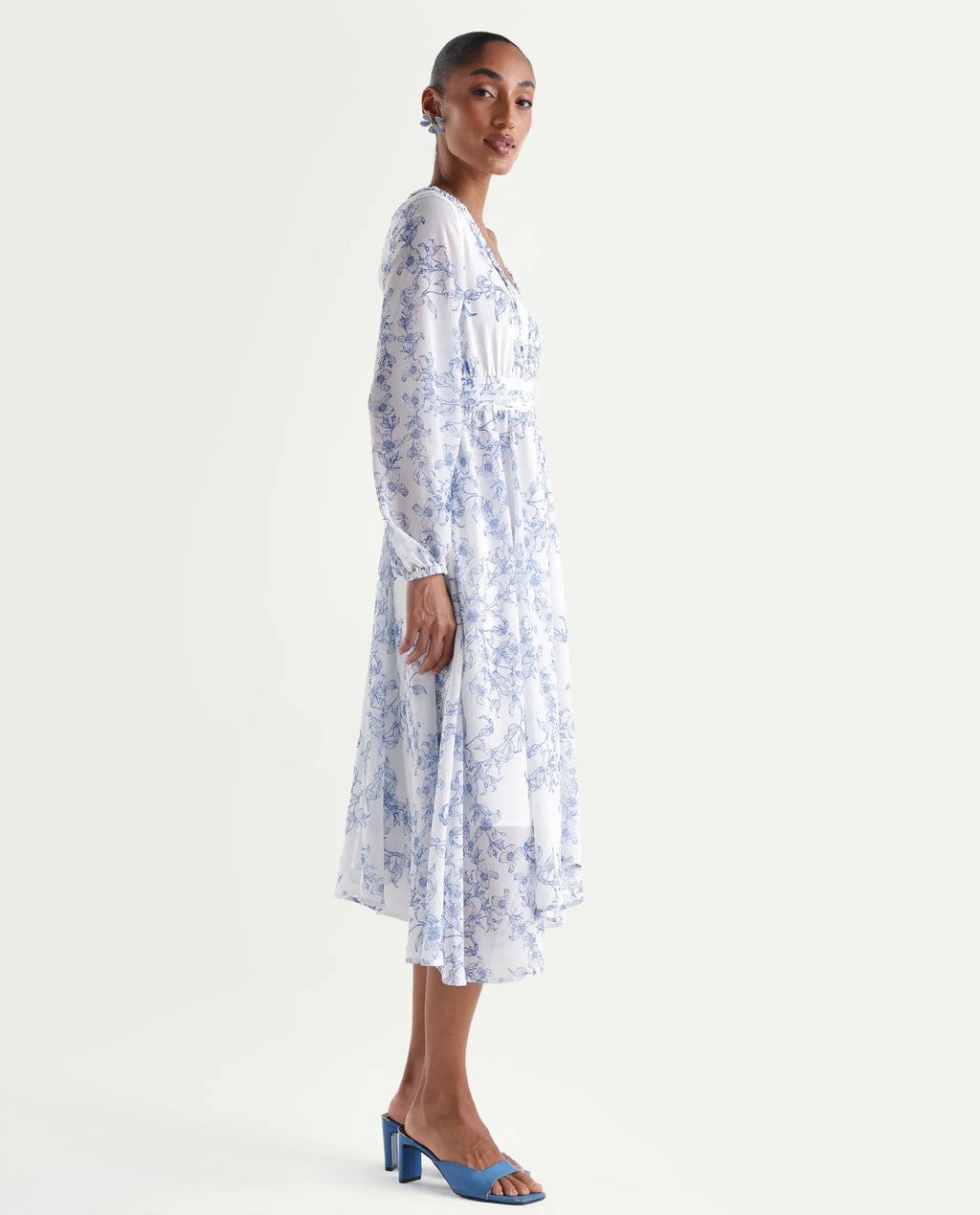 Rareism Women's Kriko Off White Polyester Ruffled Neck Asymmetric Ornamental Print Dress