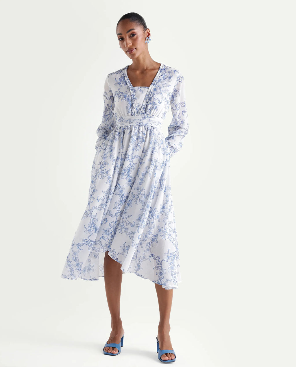 Rareism Women's Kriko Off White Polyester Ruffled Neck Asymmetric Ornamental Print Dress