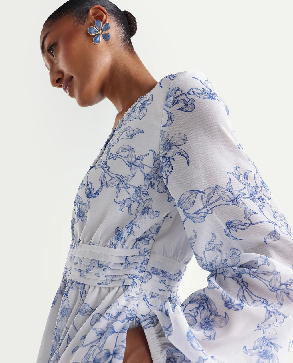 Rareism Women's Kriko Off White Polyester Ruffled Neck Asymmetric Ornamental Print Dress