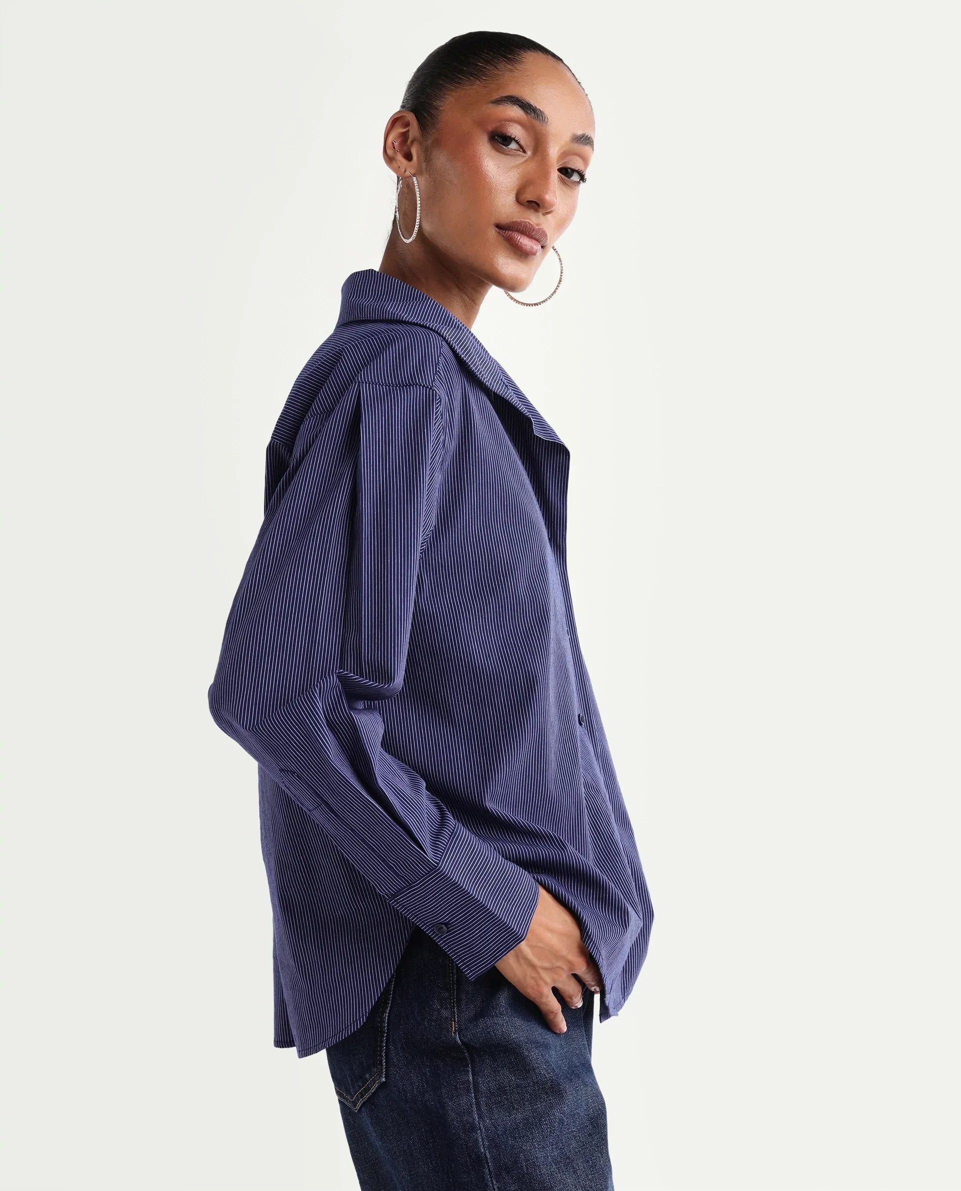 Rareism Women's Krome Blue Cotton Spread Collar Relaxed Striped Shirt