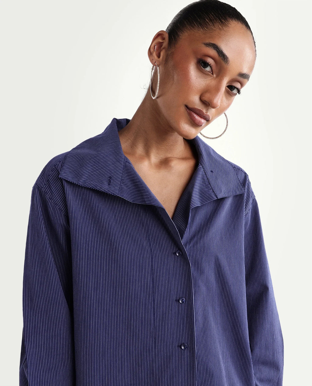 Rareism Women's Krome Blue Cotton Spread Collar Relaxed Striped Shirt