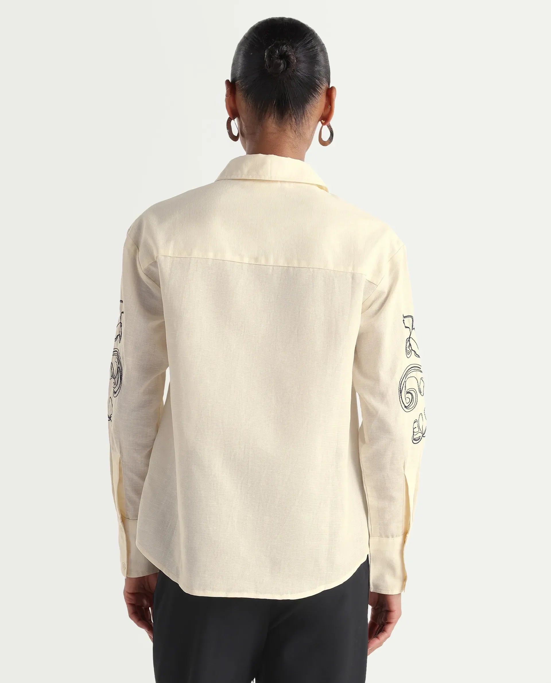 Rareism Women's Kruz Light Beige Linen Spread Collar Relaxed Embroidered Shirt