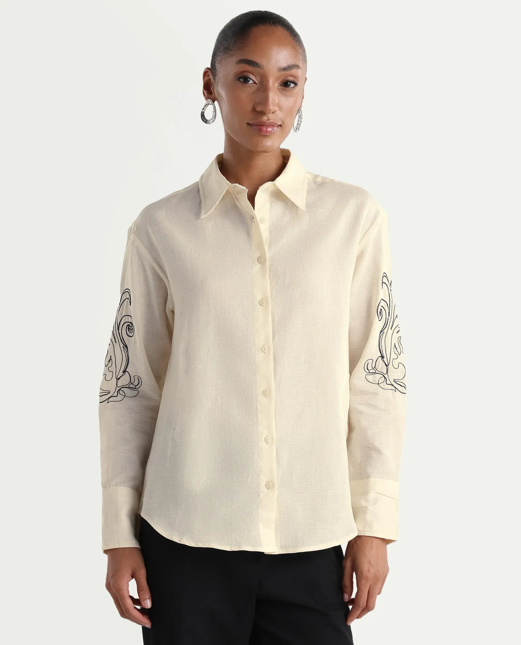 Rareism Women's Kruz Light Beige Linen Spread Collar Relaxed Embroidered Shirt