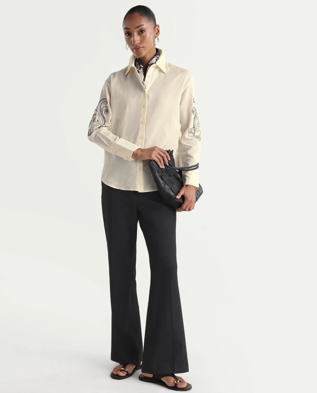 Rareism Women's Kruz Light Beige Linen Spread Collar Relaxed Embroidered Shirt