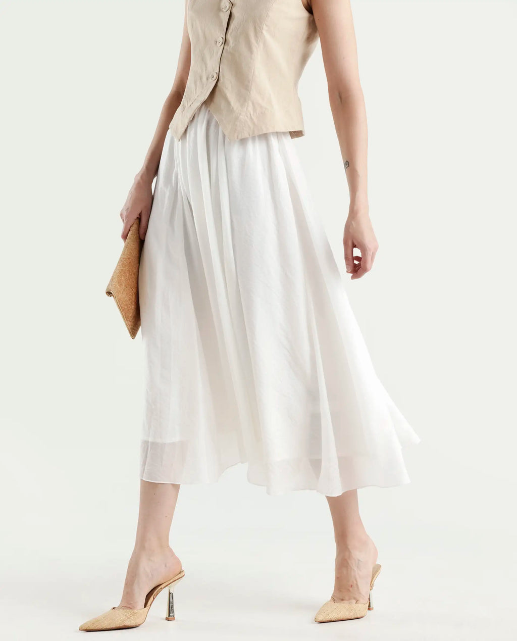 Rareism Women's Misky Off White Viscose Blend A-Line Plain Skirt