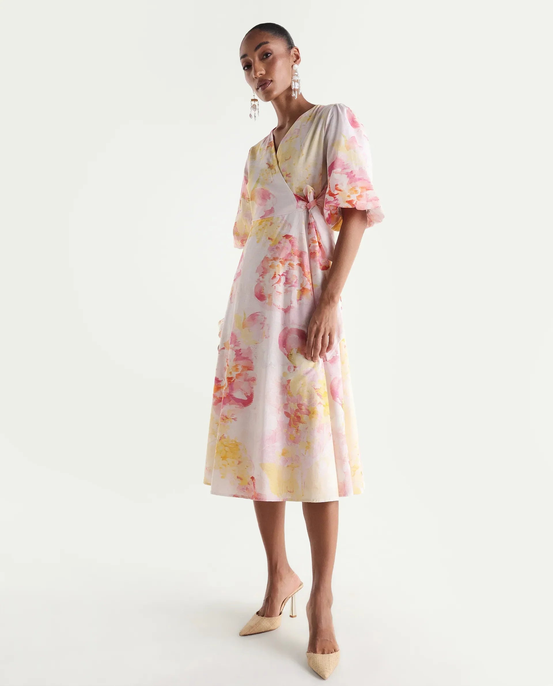 Rareism Women's Mizi Multi Cotton Half Sleeve Over Lap Flared Floral Print Dress