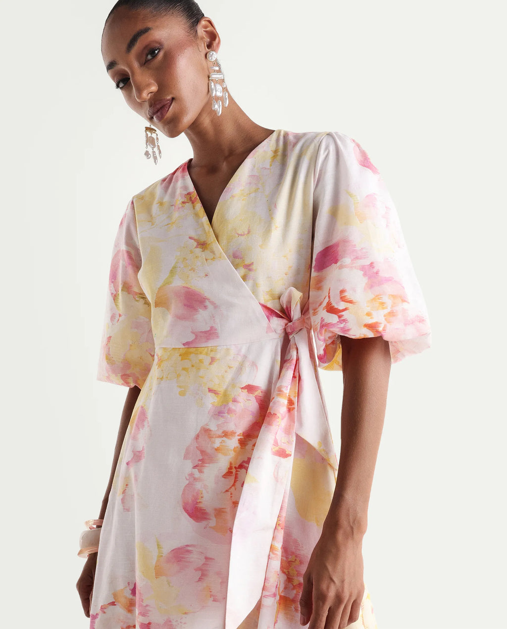 Rareism Women's Mizi Multi Cotton Half Sleeve Over Lap Flared Floral Print Dress
