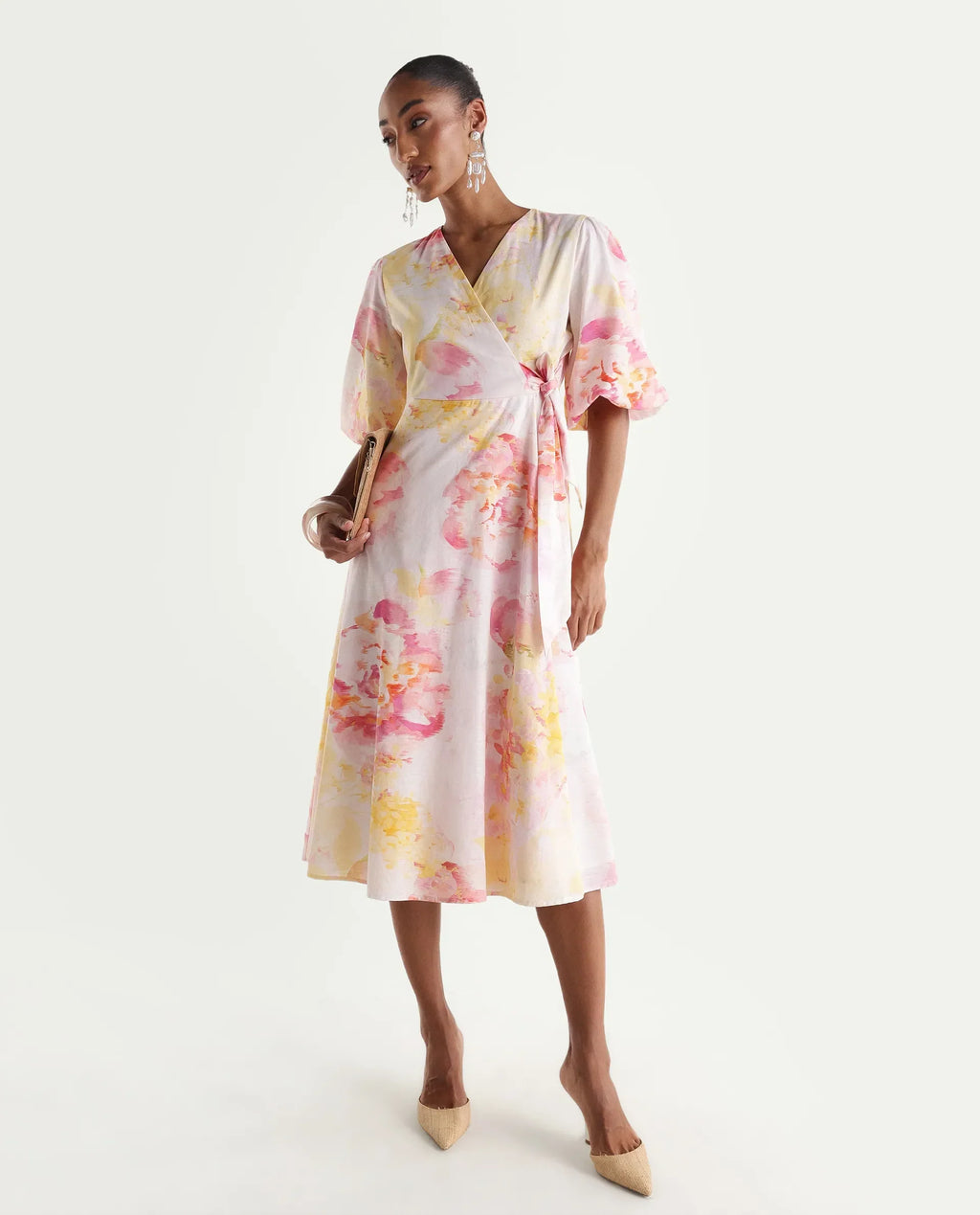 Rareism Women's Mizi Multi Cotton Half Sleeve Over Lap Flared Floral Print Dress