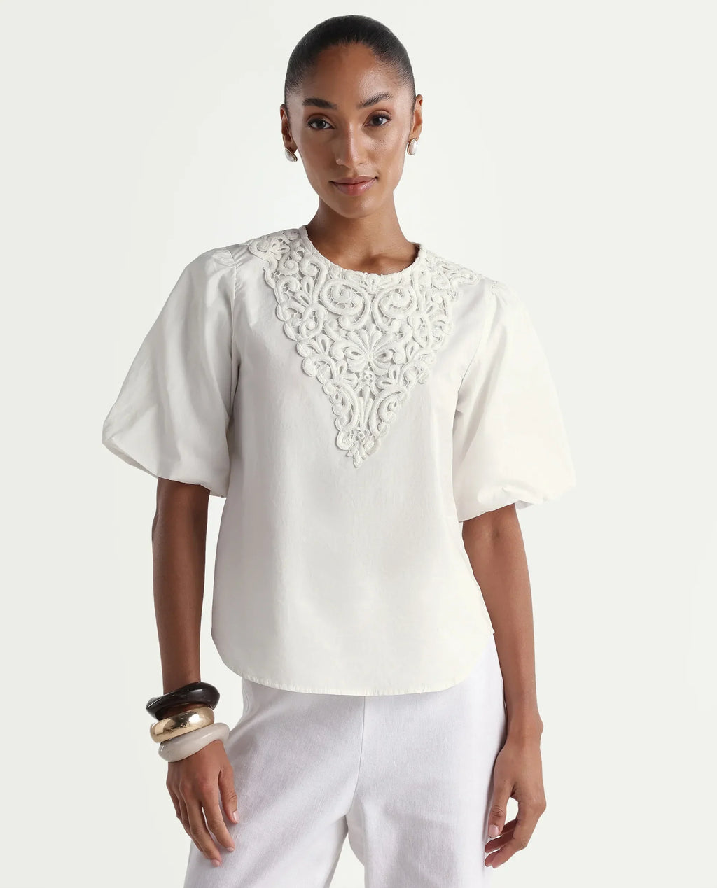 Rareism Women's Nuku White Cotton Crew Neck Relaxed Plain Top
