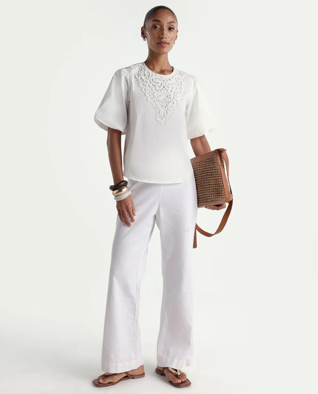 Rareism Women's Nuku White Cotton Crew Neck Relaxed Plain Top
