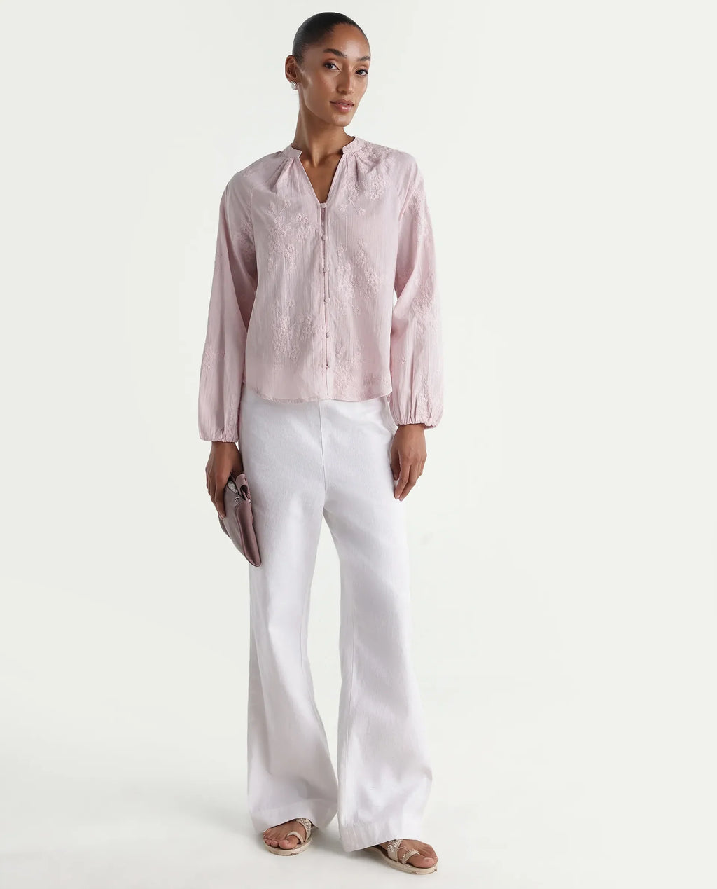 Rareism Women's Nurro Pastel Pink Cotton Band Collar Regular Embroidered Top