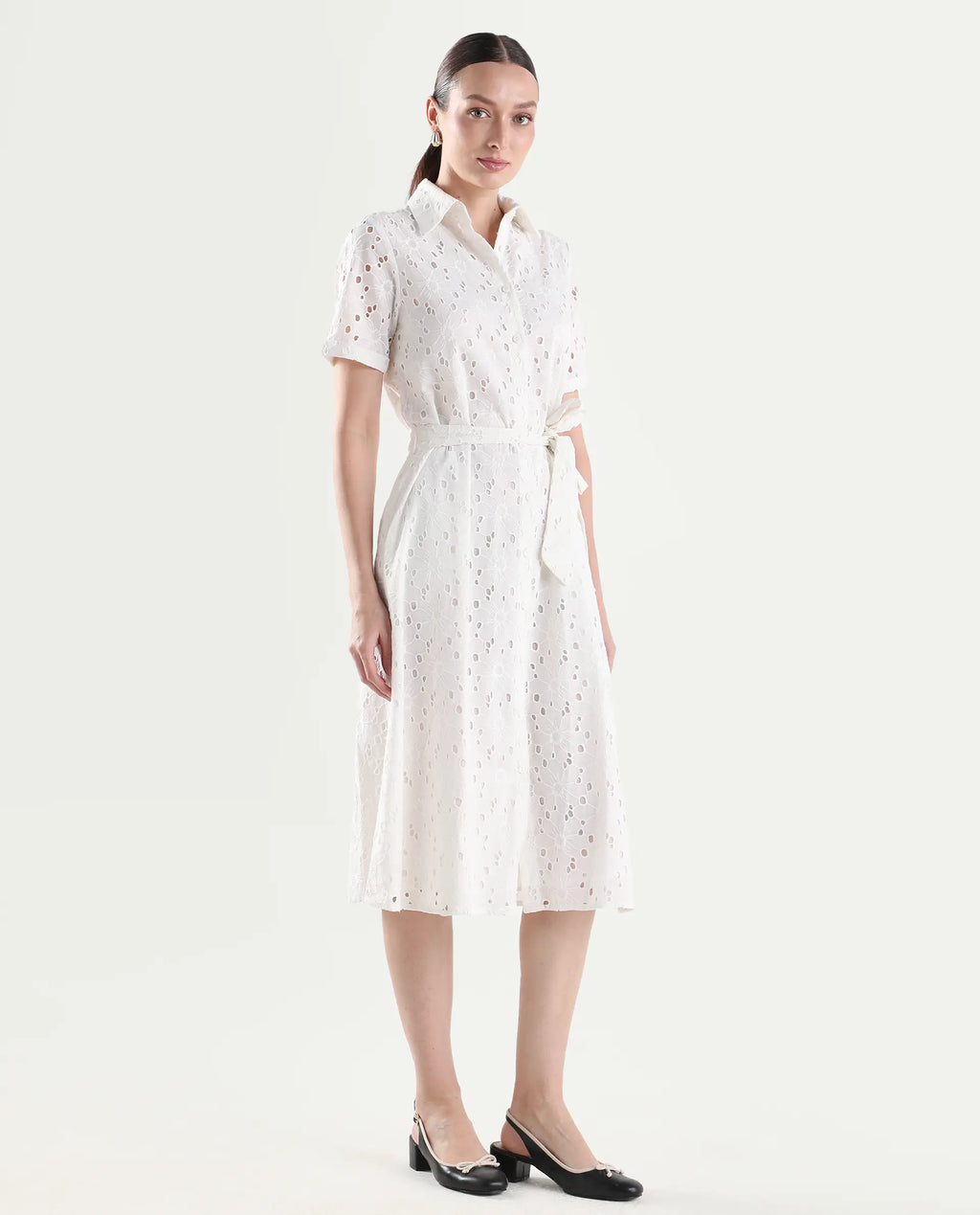 Rareism Women's Rahi Primary White Cotton Half Sleeve Spread Collar A-Line Plain Dress