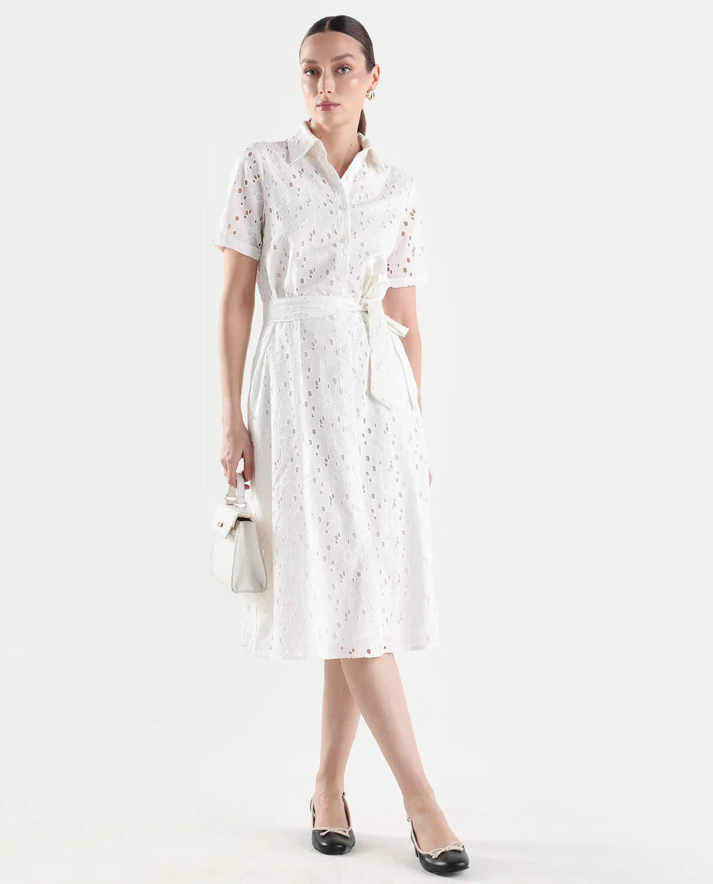 Rareism Women's Rahi Primary White Cotton Half Sleeve Spread Collar A-Line Plain Dress