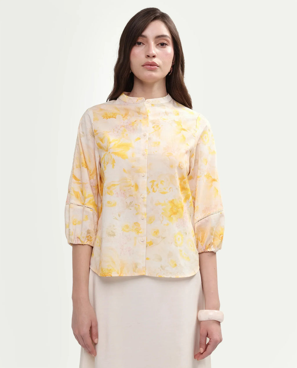 Rareism Women's Runes Yellow Cotton Band Collar Regular Floral Print Top