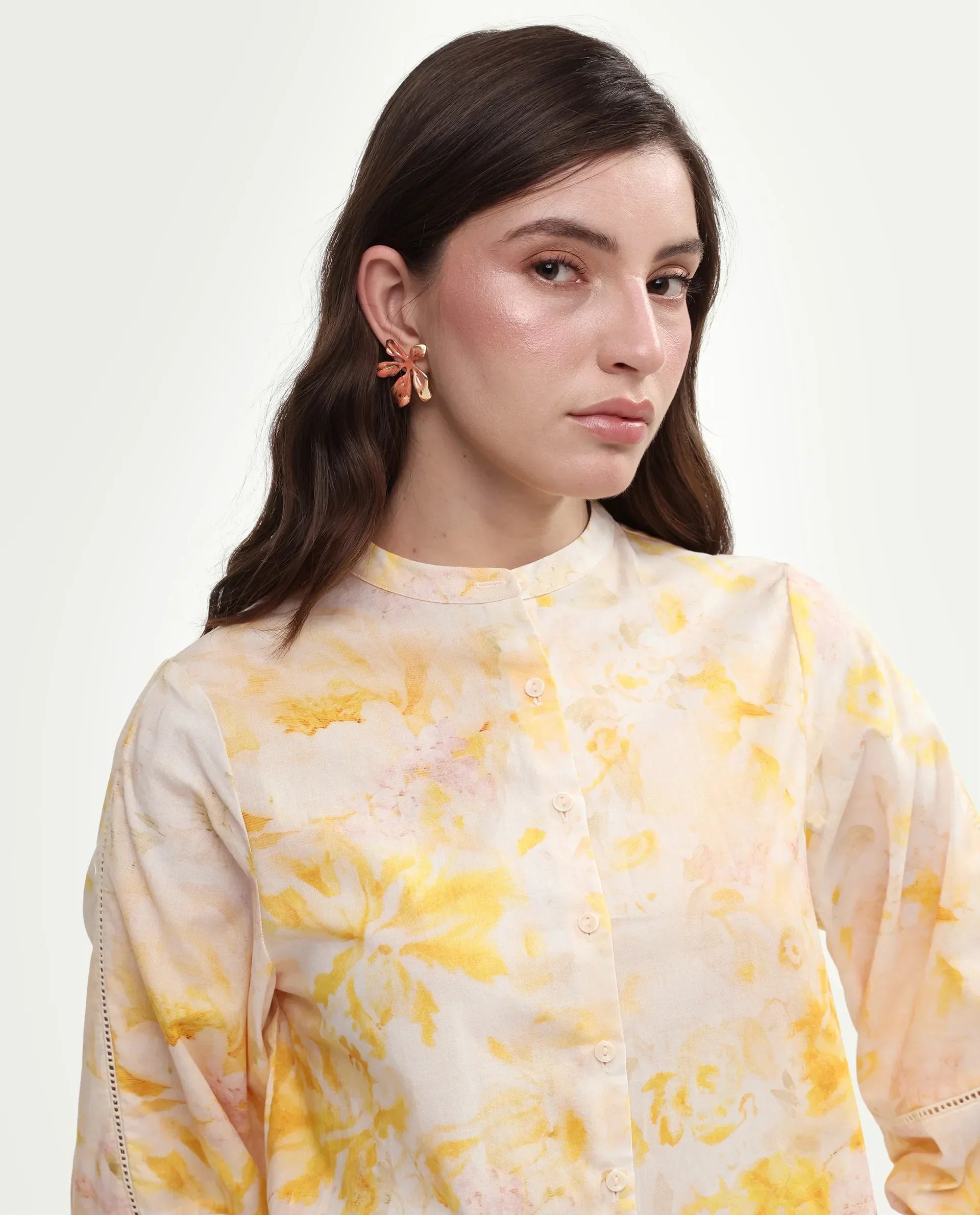 Rareism Women's Runes Yellow Cotton Band Collar Regular Floral Print Top