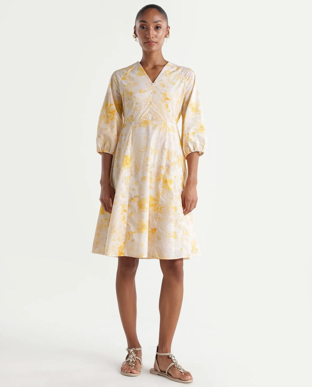 Rareism Women's Runet Yellow Cotton Fabric V-Neck Fit And Flare Floral Print Dress