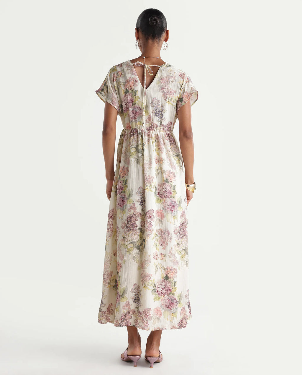 Rareism Women's Runim Light Beige Polyester V-Neck Fit And Flare Floral Print Dress