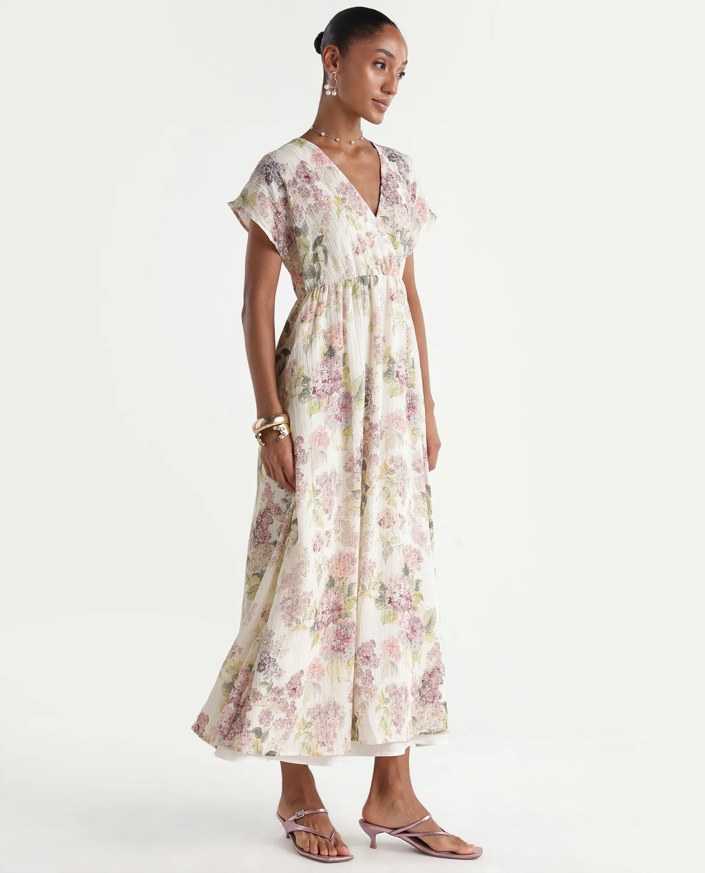 Rareism Women's Runim Light Beige Polyester V-Neck Fit And Flare Floral Print Dress