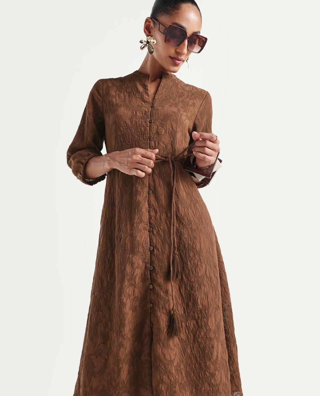 Rareism Women's Runol Brown Viscose Blend Band Collar A-Line Jacquard Dress