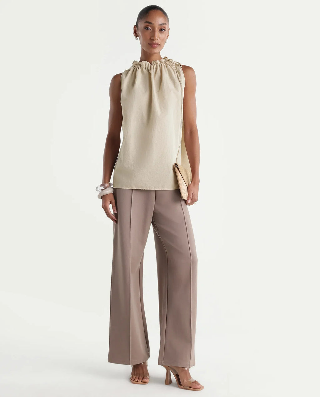 Rareism Women's Russo Beige Linen Blend Ruffled Neck Relaxed Plain Top